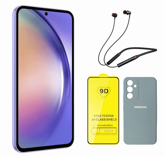 تصویر از گوشی موبایل سامسونگ مدل Galaxy A54 5G ظرفیت 128 گیگ و رم 8 گیگ همراه با پک قاب و گلس و هندزفری رنگ سفید