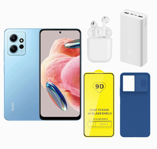 تصویر از گوشی موبایل شیائومی مدل Redmi Note 12 4G ظرفیت 128 گیگ رم 8 گیگ همراه با پک قاب و گلس، ایرپاد و پاوربانک رنگ آبی