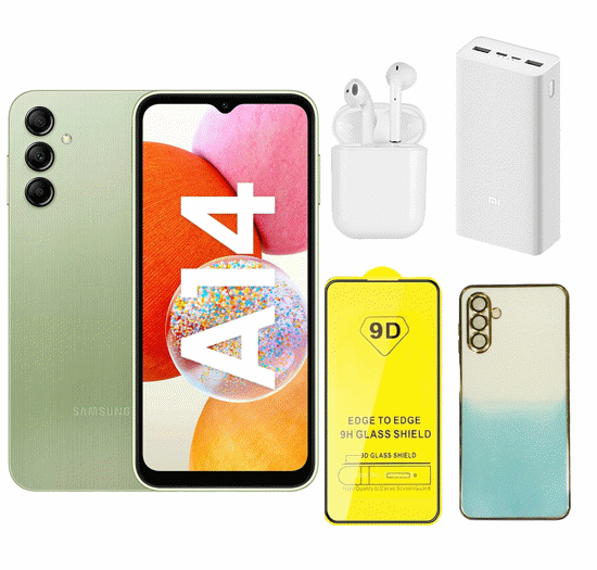 تصویر از گوشی موبایل سامسونگ مدل Galaxy A14 ظرفیت 64 گیگ و رم 4 گیگ همراه با پک قاب و گلس، ایرپاد و پاوربانک رنگ سبز